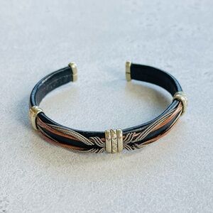 Small Black Leather & Mixed Metal Silver Tone Copper Wire Wrapped Cuff Bracelet